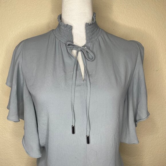 Tahari Slate Blue Balloonsleeve Tie Mock Neck Chiffon Blouse Occasion Sz Medium - Picture 2 of 11